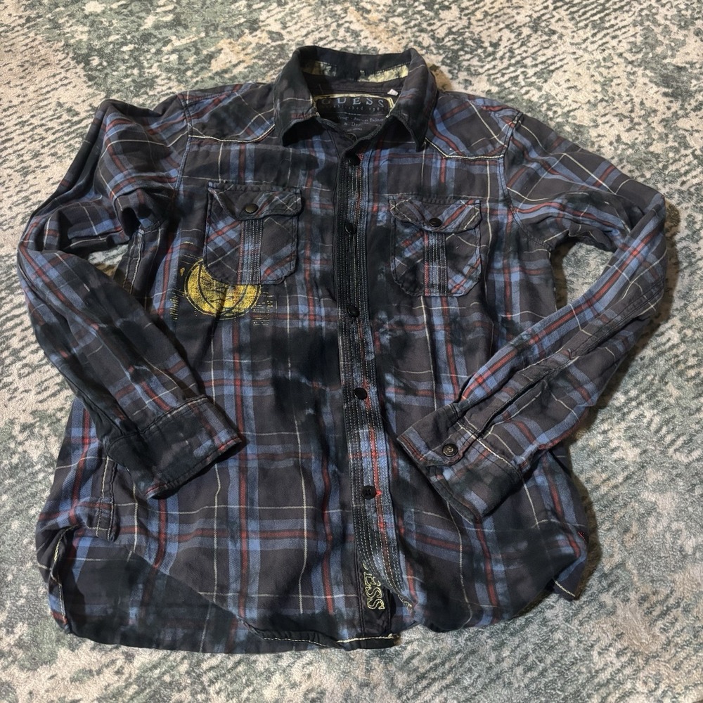 Vintage Y2K Guess Distressed Plaid Shirt Button Up 12/14 Boys Grunge